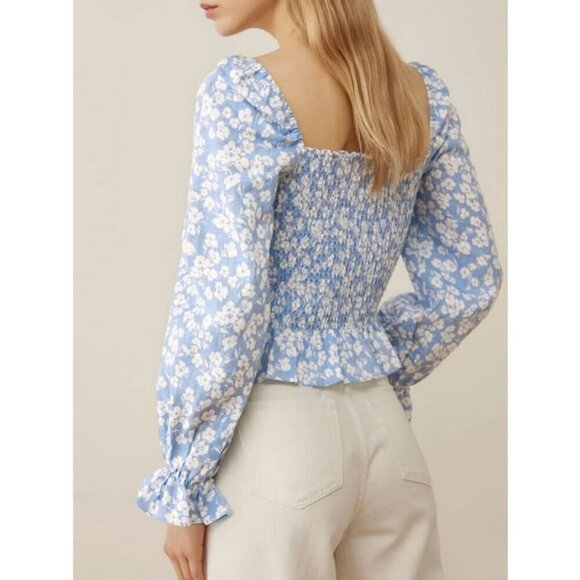 💕REFORMATION💕 Cambria Linen Top ~ Sofie Blue Floral Print Small S NWT - Picture 3 of 14